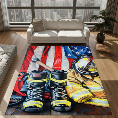 Bold Fire Truck in Front of the USA Flag Area Rug: Show Support for First Responders and Nation, Firefighter Rugs for Living Room Bedroom, Firefighter Rectangular Rugs Full Size FR60