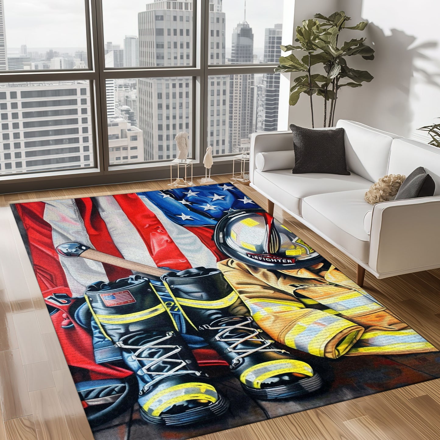 Bold Fire Truck in Front of the USA Flag Area Rug: Show Support for First Responders and Nation, Firefighter Rugs for Living Room Bedroom, Firefighter Rectangular Rugs Full Size FR60