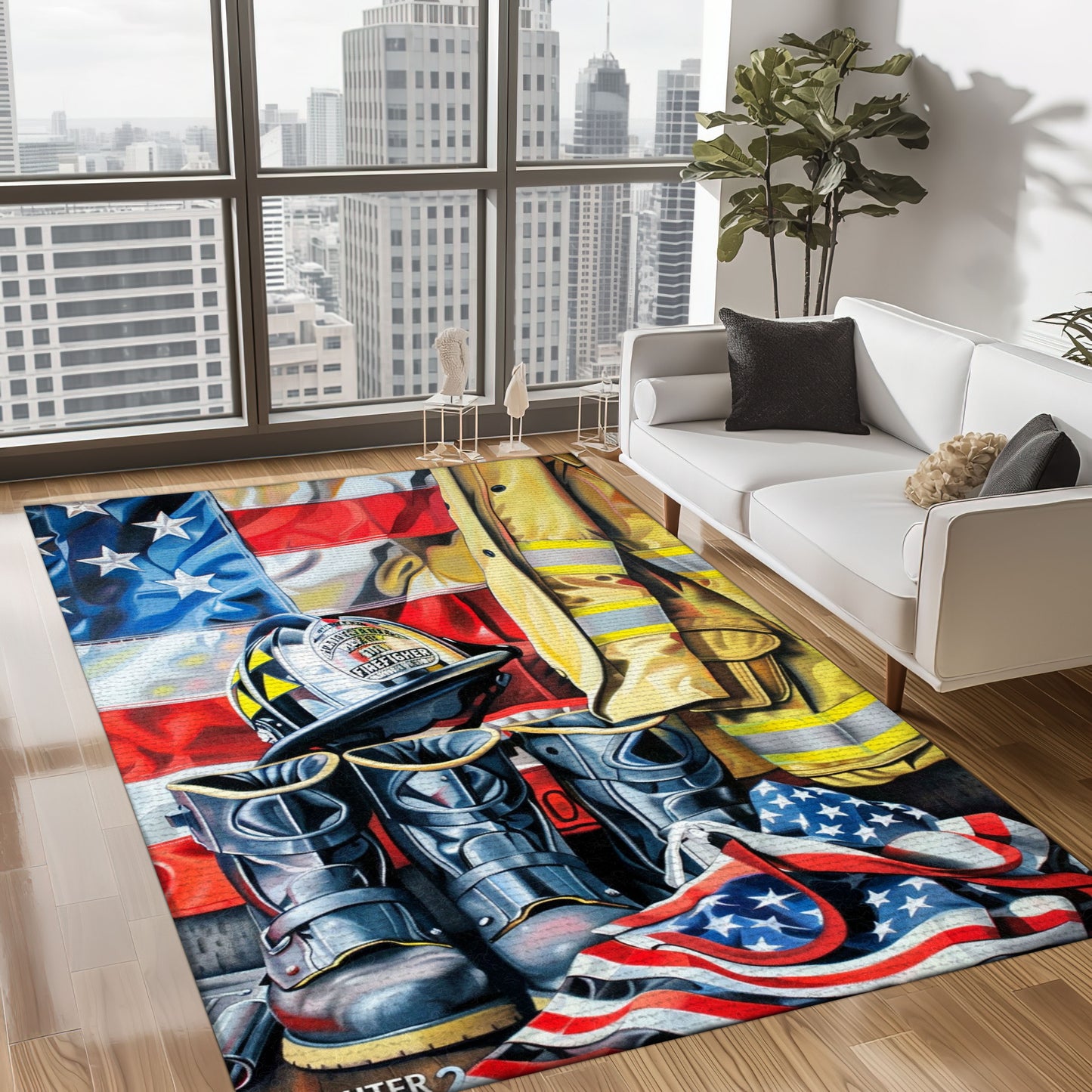 Bold Fire Truck in Front of the USA Flag Area Rug: Show Support for First Responders and Nation, Firefighter Rugs for Living Room Bedroom, Firefighter Rectangular Rugs Full Size FR60