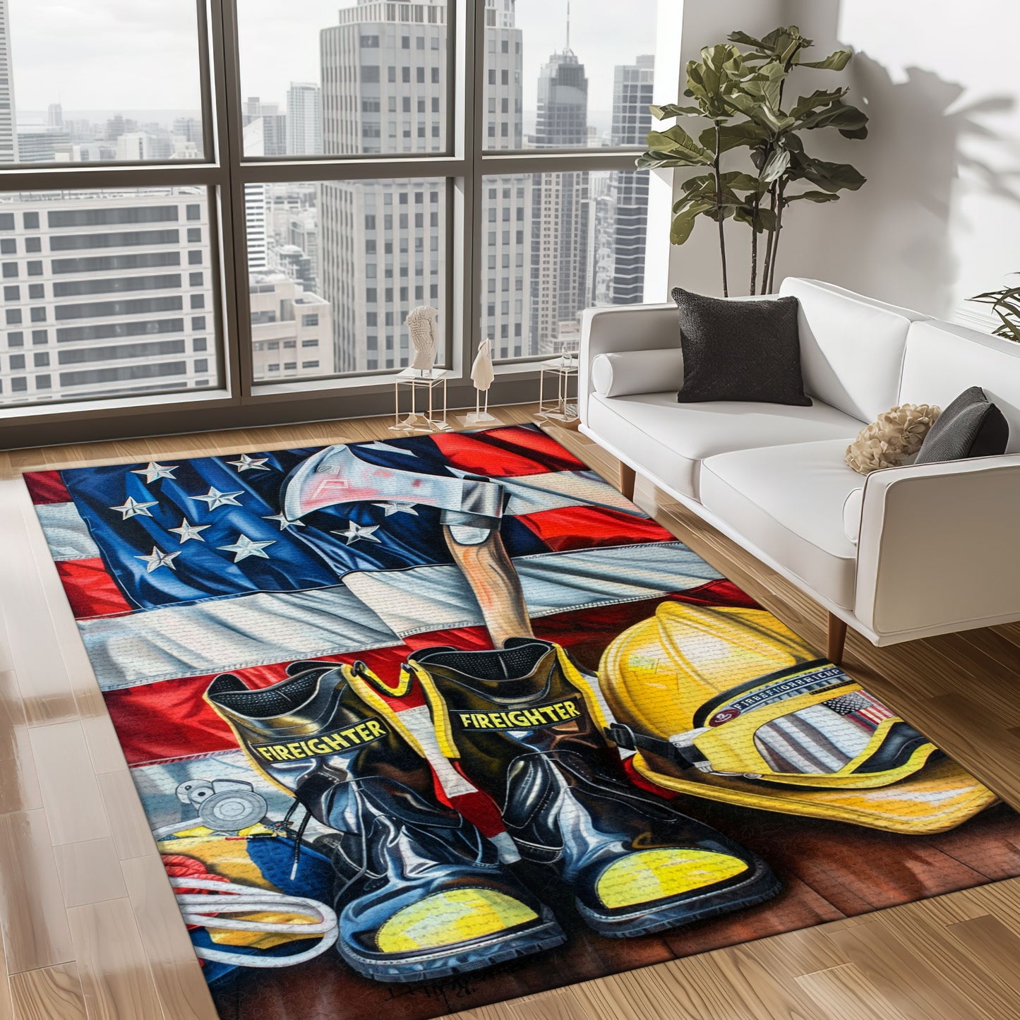 Bold Fire Truck in Front of the USA Flag Area Rug: Show Support for First Responders and Nation, Firefighter Rugs for Living Room Bedroom, Firefighter Rectangular Rugs Full Size FR60
