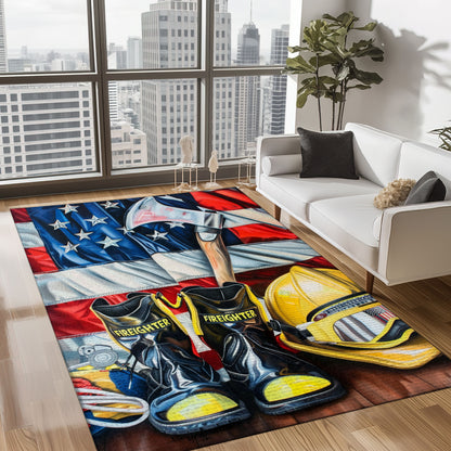 Pay Tribute to Bravery: Custom Firefighter's Gear and Memorabilia Area Rug, Firefighter Rugs for Living Room Bedroom, Firefighter Rectangular Rugs Full Size FR139
