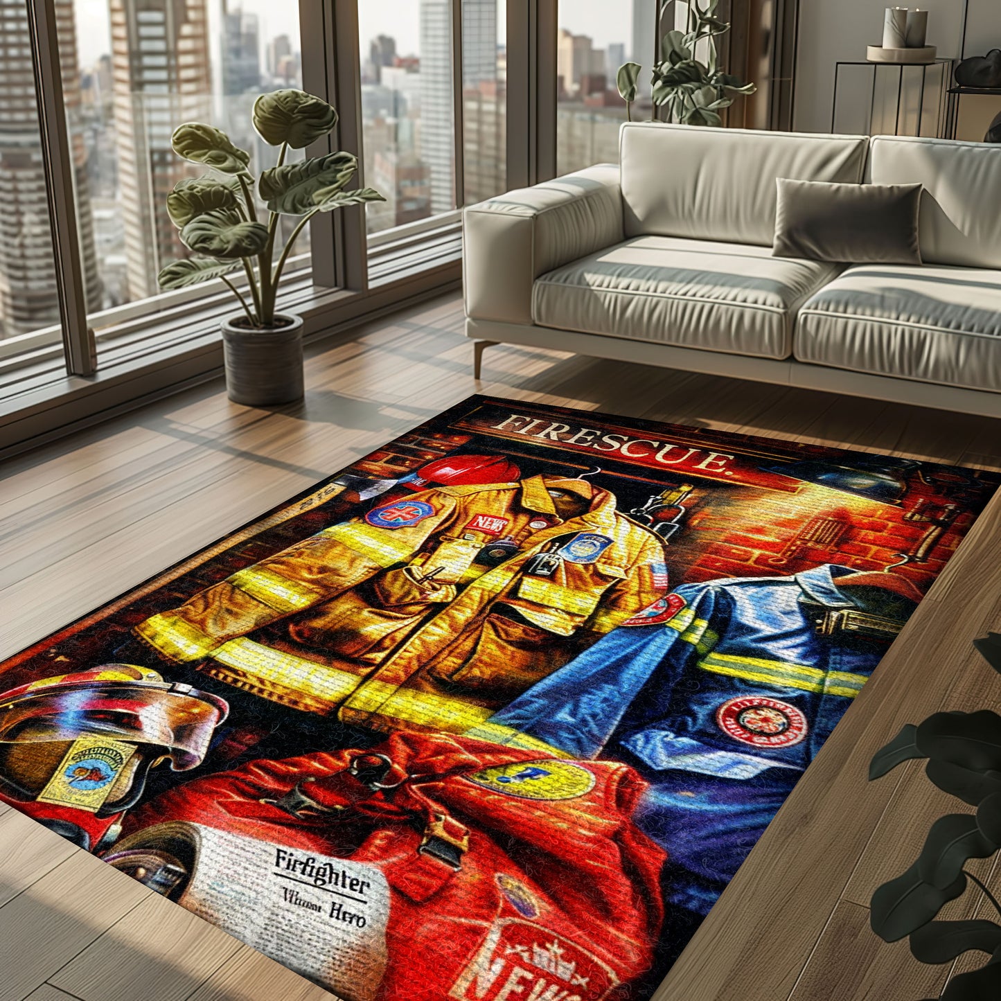 Bold Fire Truck in Front of the USA Flag Area Rug: Show Support for First Responders and Nation, Firefighter Rugs for Living Room Bedroom, Firefighter Rectangular Rugs Full Size FR60