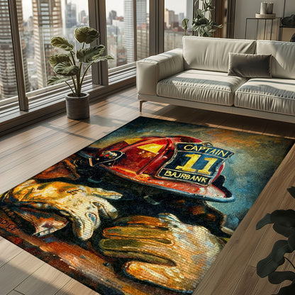 Bold Fire Truck in Front of the USA Flag Area Rug: Show Support for First Responders and Nation, Firefighter Rugs for Living Room Bedroom, Firefighter Rectangular Rugs Full Size FR60