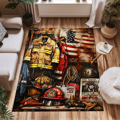 Bold Design Choice: Custom Firefighter's Gear and Memorabilia Area Rug, Firefighter Rugs for Living Room Bedroom, Firefighter Rectangular Rugs Full Size FR131