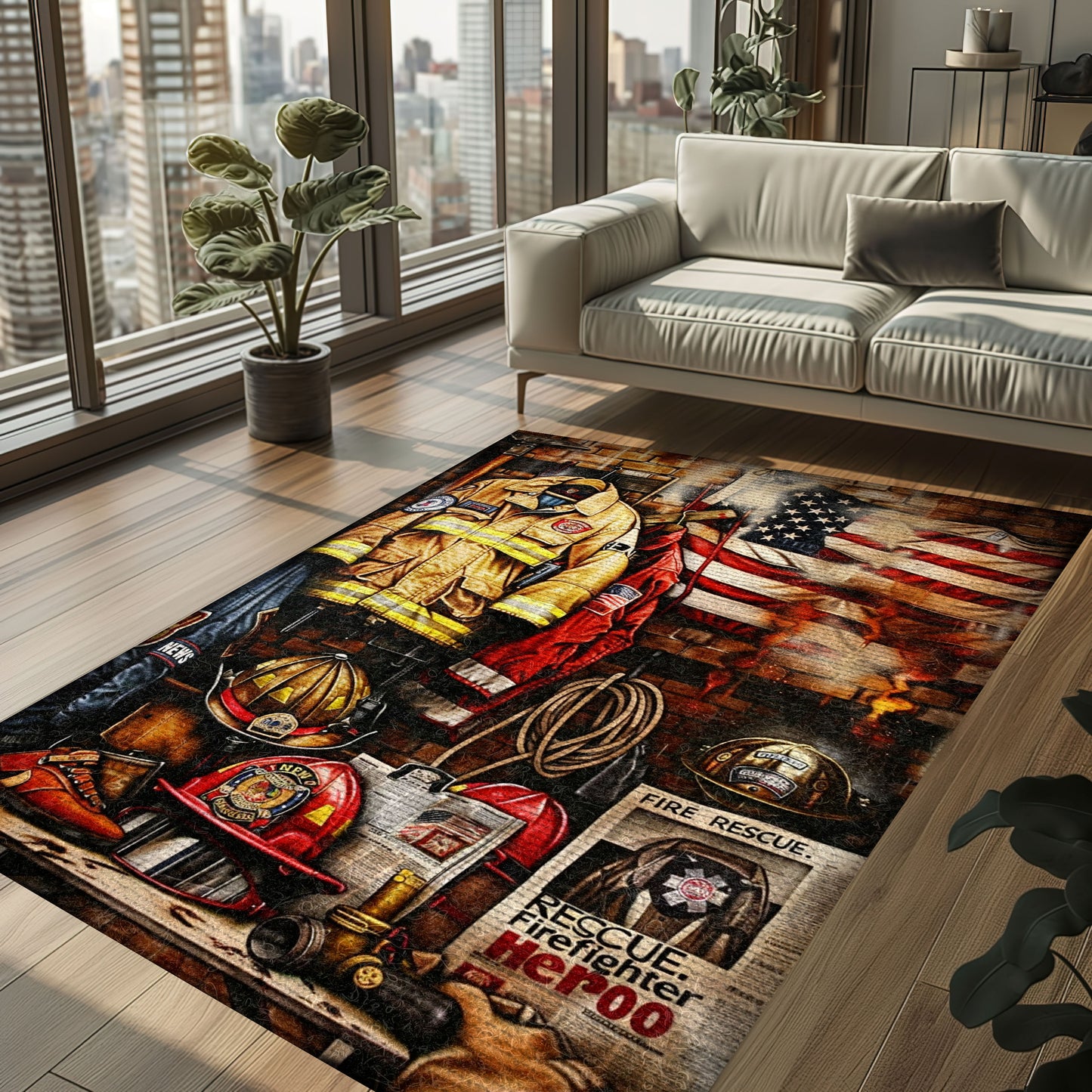 Bold Fire Truck in Front of the USA Flag Area Rug: Show Support for First Responders and Nation, Firefighter Rugs for Living Room Bedroom, Firefighter Rectangular Rugs Full Size FR60