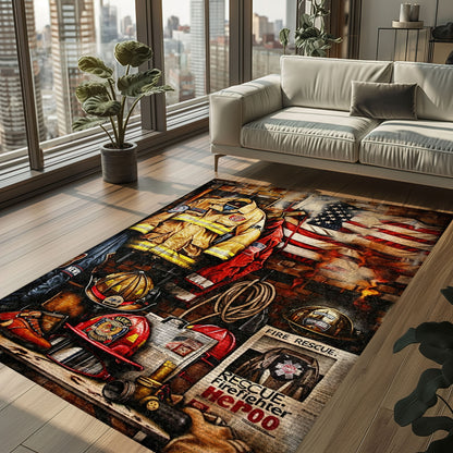 Bold Fire Truck in Front of the USA Flag Area Rug: Show Support for First Responders and Nation, Firefighter Rugs for Living Room Bedroom, Firefighter Rectangular Rugs Full Size FR60
