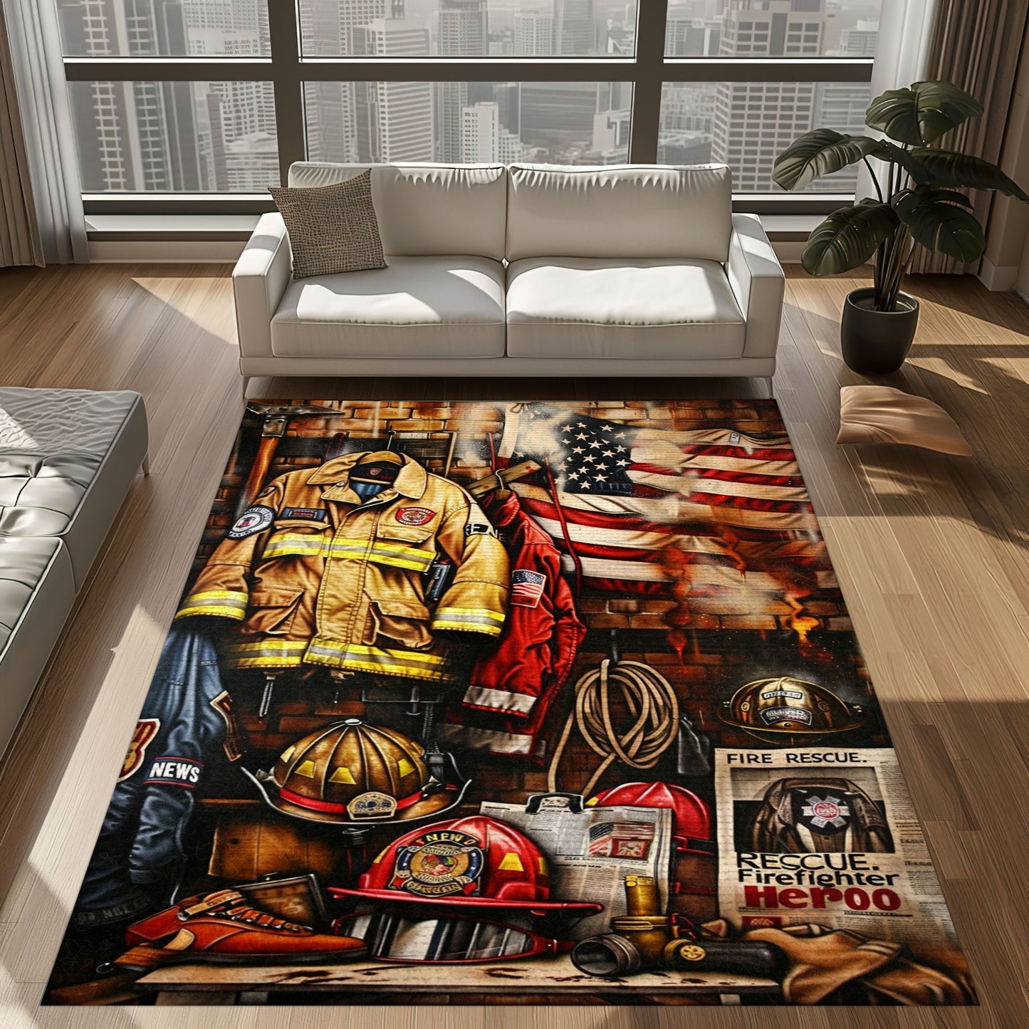 Bold Design Choice: Custom Firefighter's Gear and Memorabilia Area Rug, Firefighter Rugs for Living Room Bedroom, Firefighter Rectangular Rugs Full Size FR131