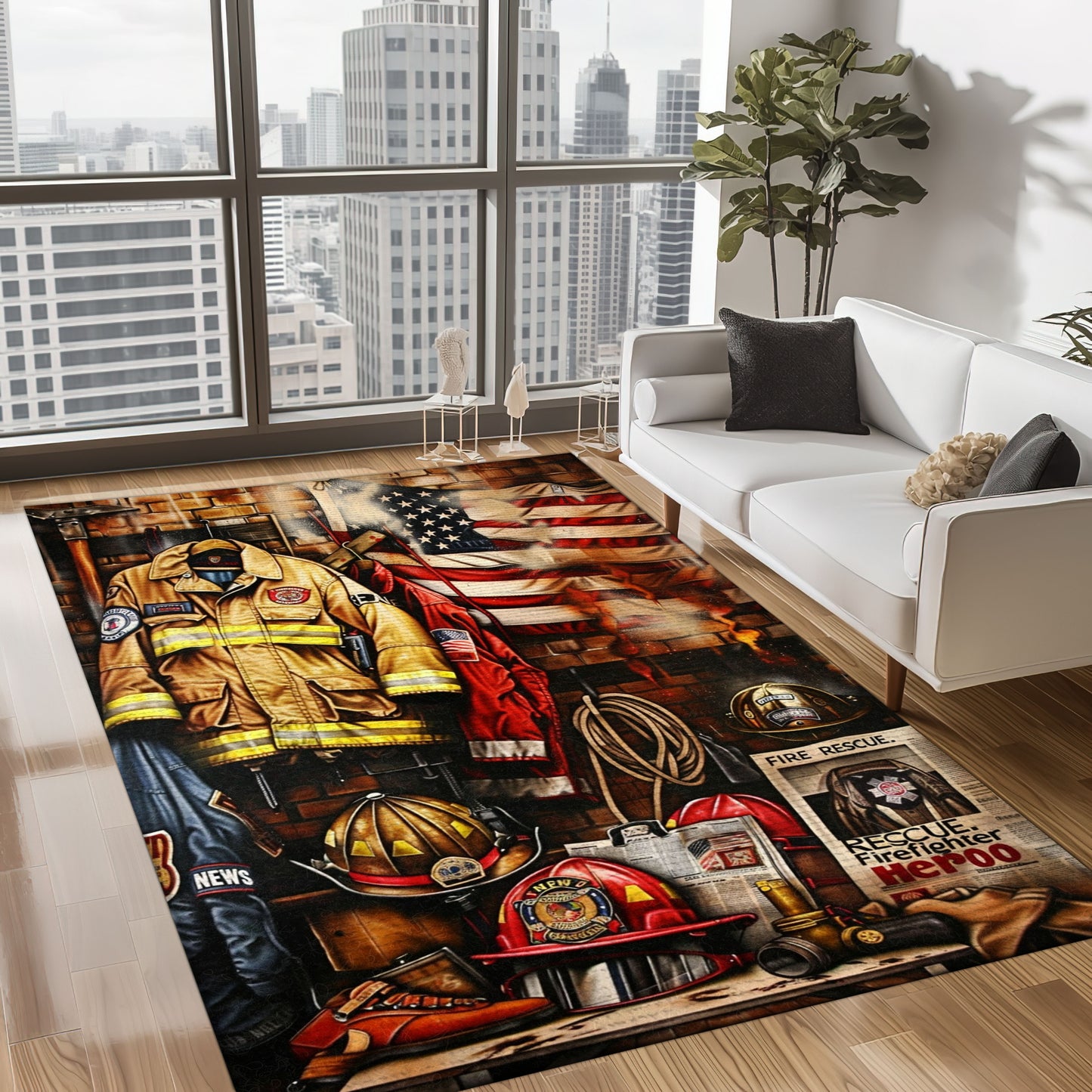 Bold Design Choice: Custom Firefighter's Gear and Memorabilia Area Rug, Firefighter Rugs for Living Room Bedroom, Firefighter Rectangular Rugs Full Size FR131