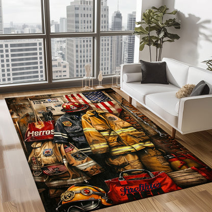Heroic Touch: Custom Firefighter's Gear and Memorabilia Area Rug, Firefighter Rugs for Living Room Bedroom, Firefighter Rectangular Rugs Full Size FR129