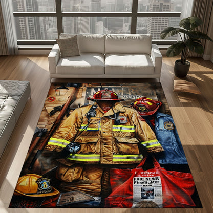 Bold Fire Truck in Front of the USA Flag Area Rug: Show Support for First Responders and Nation, Firefighter Rugs for Living Room Bedroom, Firefighter Rectangular Rugs Full Size FR60