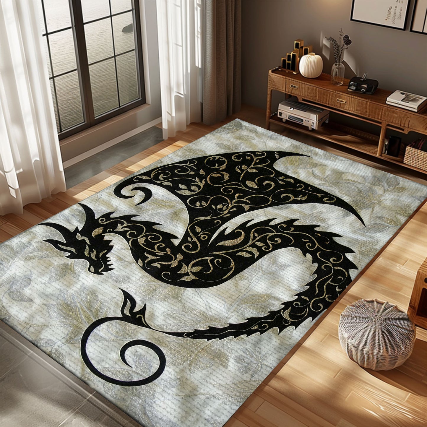 Artistic Dragon in a Stylized Silhouette Form Area Rug, Ideal for Adding Unique Fantasy Art to Any Room, Gift For Dragon Lovers, Personalized Dragon Rug for Living Room, Bedroom DG115